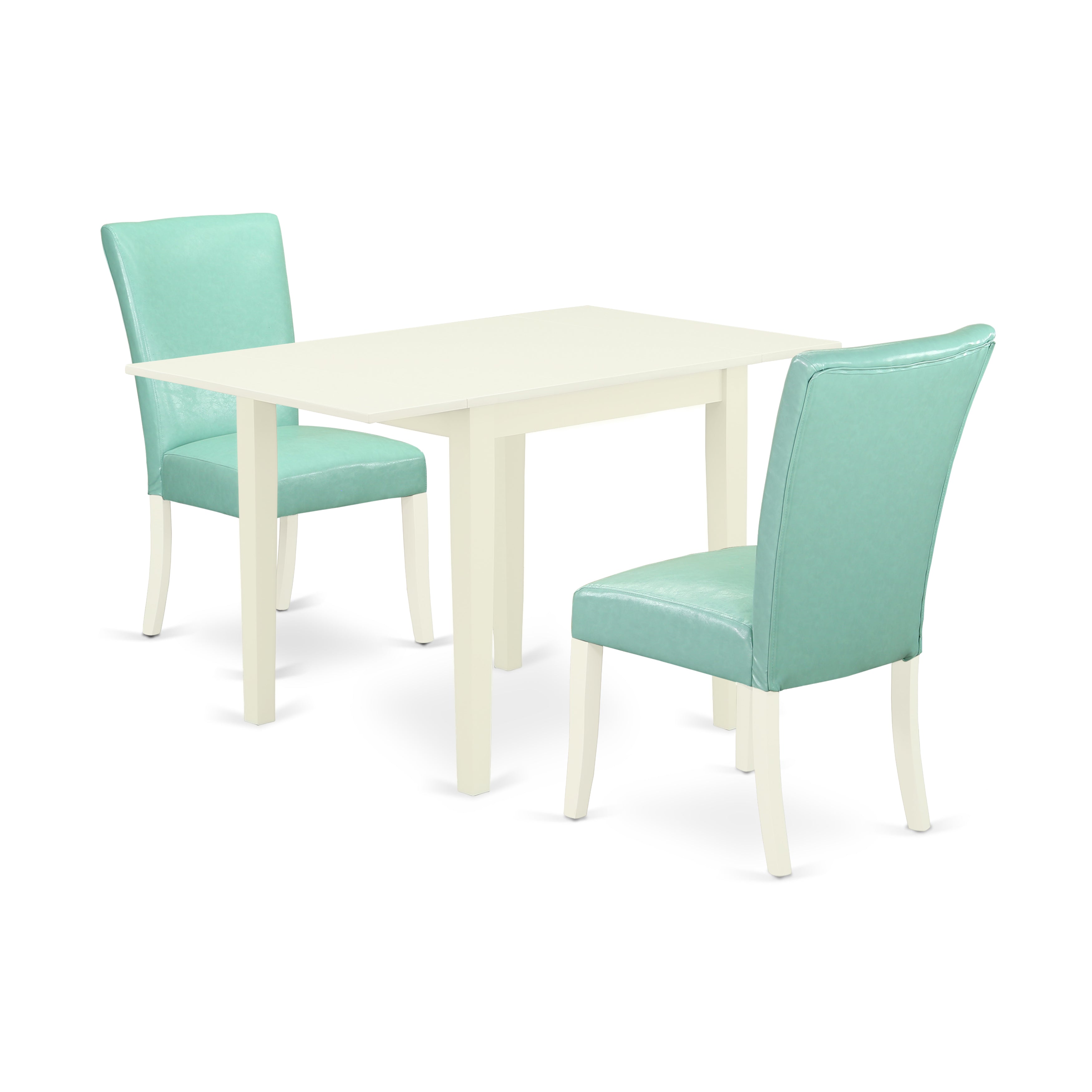 East West Furniture NDAL3-LWH-57 Wooden Dining Table set 3 Pc - Two Dining Room Chairs and a Wood Dining Table - Linen White Finish Hardwood - Pond Color Pu Leather